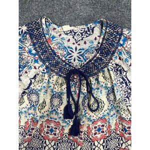 Boho Chic Floral Print Long Sleeve Blouse With Tassel Tie Neck & Elastic Cuffs